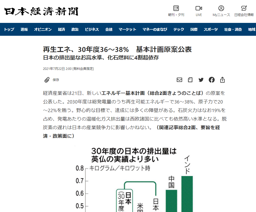 再生エネ、30年度36~38% 基本計画原案公表